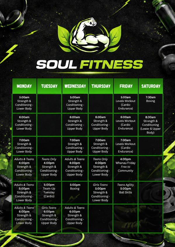 Soul Fitness weekly schedule grid showing classes by day and time with a neon-green design poster-style image.